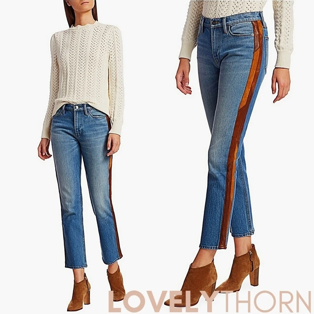 FRAME // ltd ed le high straight cropped paneled leather tuxedo stripe denim